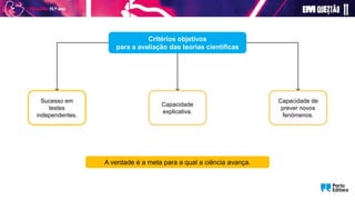Sucesso em
testes
independentes.
Critérios objetivos
para a avaliação das teorias científicas
Capacidade
explicativa.
Capacidade de
prever novos
fenómenos.
A verdade é a meta para a qual a ciência avança.
 