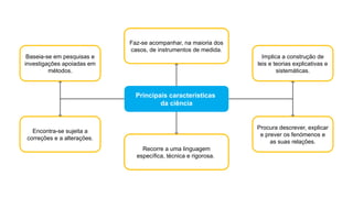 Principais características
da ciência
Implica a construção de
leis e teorias explicativas e
sistemáticas.
Procura descrever, explicar
e prever os fenómenos e
as suas relações.
Faz-se acompanhar, na maioria dos
casos, de instrumentos de medida.
Recorre a uma linguagem
específica, técnica e rigorosa.
Encontra-se sujeita a
correções e a alterações.
Baseia-se em pesquisas e
investigações apoiadas em
métodos.
 