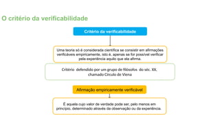 O critério da verificabilidade
Critério da verificabilidade
Uma teoria só é considerada científica se consistir em afirmações
verificáveis empiricamente, isto é, apenas se for possível verificar
pela experiência aquilo que ela afirma.
Afirmação empiricamente verificável
É aquela cujo valor de verdade pode ser, pelo menos em
princípio, determinado através da observação ou da experiência.
Critério defendido por um grupo de filósofos do séc. XX,
chamado Círculo de Viena
 
