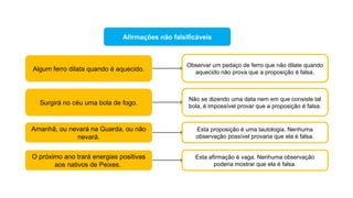 Afirmações não falsificáveis
Algum ferro dilata quando é aquecido.
Amanhã, ou nevará na Guarda, ou não
nevará.
Observar um pedaço de ferro que não dilate quando
aquecido não prova que a proposição é falsa.
Surgirá no céu uma bola de fogo.
Não se dizendo uma data nem em que consiste tal
bola, é impossível provar que a proposição é falsa.
Esta proposição é uma tautologia. Nenhuma
observação possível provaria que ela é falsa.
O próximo ano trará energias positivas
aos nativos de Peixes.
Esta afirmação é vaga. Nenhuma observação
poderia mostrar que ela é falsa.
 