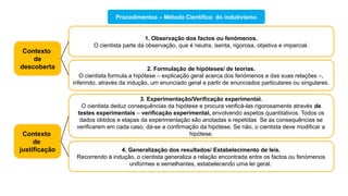 1. Observação dos factos ou fenómenos.
O cientista parte da observação, que é neutra, isenta, rigorosa, objetiva e imparcial.
Contexto
de
justificação
2. Formulação de hipóteses/ de teorias.
O cientista formula a hipótese – explicação geral acerca dos fenómenos e das suas relações –,
inferindo, através da indução, um enunciado geral a partir de enunciados particulares ou singulares.
3. Experimentação/Verificação experimental.
O cientista deduz consequências da hipótese e procura verificá-las rigorosamente através de
testes experimentais – verificação experimental, envolvendo aspetos quantitativos. Todos os
dados obtidos e etapas da experimentação são anotadas e repetidas Se as consequências se
verificarem em cada caso, dá-se a confirmação da hipótese. Se não, o cientista deve modificar a
hipótese.
4. Generalização dos resultados/ Estabelecimento de leis.
Recorrendo à indução, o cientista generaliza a relação encontrada entre os factos ou fenómenos
uniformes e semelhantes, estabelecendo uma lei geral.
Contexto
de
descoberta
Procedimentos – Método Científico do indutivismo
 
