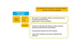P → Q
Q
 P
• Se a teoria T é verdadeira, então o que ela prevê ocorre.
• O que ela prevê não ocorre.
• Logo a teoria T não é verdadeira.
Falsificação
de teorias
• Se todos os planetas são esféricos, então o próximo
planeta que descobrirmos será esférico.
• O planeta que descobrimos não é esférico.
• Logo, não é verdadeiro que todos os planetas são
esféricos.
Exemplo
Modus
tollens
Este método não se baseia no raciocínio indutivo,
mas sim no raciocínio dedutivo.
 