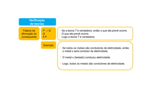 P → Q
Q
 P
• Se a teoria T é verdadeira, então o que ela prevê ocorre.
• O que ela prevê ocorre.
• Logo a teoria T é verdadeira.
Verificação
de teorias
• Se todos os metais são condutores de eletricidade, então
o metal x será condutor de eletricidade.
• O metal x (testado) conduziu eletricidade.
• Logo, todos os metais são condutores de eletricidade.
Exemplo
Falácia da
afirmação do
consequente
 