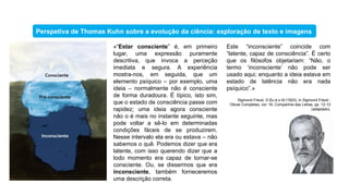 «“Estar consciente” é, em primeiro
lugar, uma expressão puramente
descritiva, que invoca a perceção
imediata e segura. A experiência
mostra-nos, em seguida, que um
elemento psíquico – por exemplo, uma
ideia – normalmente não é consciente
de forma duradoura. É típico, isto sim,
que o estado de consciência passe com
rapidez; uma ideia agora consciente
não o é mais no instante seguinte, mas
pode voltar a sê-lo em determinadas
condições fáceis de se produzirem.
Nesse intervalo ela era ou estava – não
sabemos o quê. Podemos dizer que era
latente, com isso querendo dizer que a
todo momento era capaz de tornar-se
consciente. Ou, se dissermos que era
inconsciente, também forneceremos
uma descrição correta.
Perspetiva de Thomas Kuhn sobre a evolução da ciência: exploração de texto e imagens
Este “inconsciente” coincide com
“latente, capaz de consciência”. É certo
que os filósofos objetariam: “Não, o
termo ‘inconsciente’ não pode ser
usado aqui; enquanto a ideia estava em
estado de latência não era nada
psíquico”.»
Sigmund Freud, O Eu e o Id (1923), in Sigmund Freud -
Obras Completas, vol. 16, Companhia das Letras, pp. 12-13
(adaptado).
 