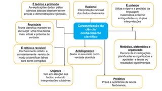 É crítico e revisível
Conhecimento obtido e
constantemente revisto de
modo a identificar falhas
para seres corrigidas
Antidogmático
Nada é assumido como
verdade absoluta
Metódico, sistemático e
organizado
Decorre da investigações
planificadas e organizadas e
apoiadas e testes ou
resultados experimentais
É teórico e profundo
As explicações dadas pelas
ciências básicas baseiam-se em
provas e demonstrações rigorosas.
Racional
Interpretação racional
dos dados observados
É unívoco
Utiliza o rigor e a precisão da
linguagem
matemática,evitendo
ambiguidades ou duplas
interpretações
.
Caracterização da
ciência/
conhecimento
científico
Objetivo
Tem em atenção aos
factos, evitando
interpretações subjetivas
Preditivo
Prevê a ocorrência de novos
fenómenos.
Provisório
Teoria científica mantém-se
até surgir uma nova teoria
mais eficaz e próxima da
verdade.
 