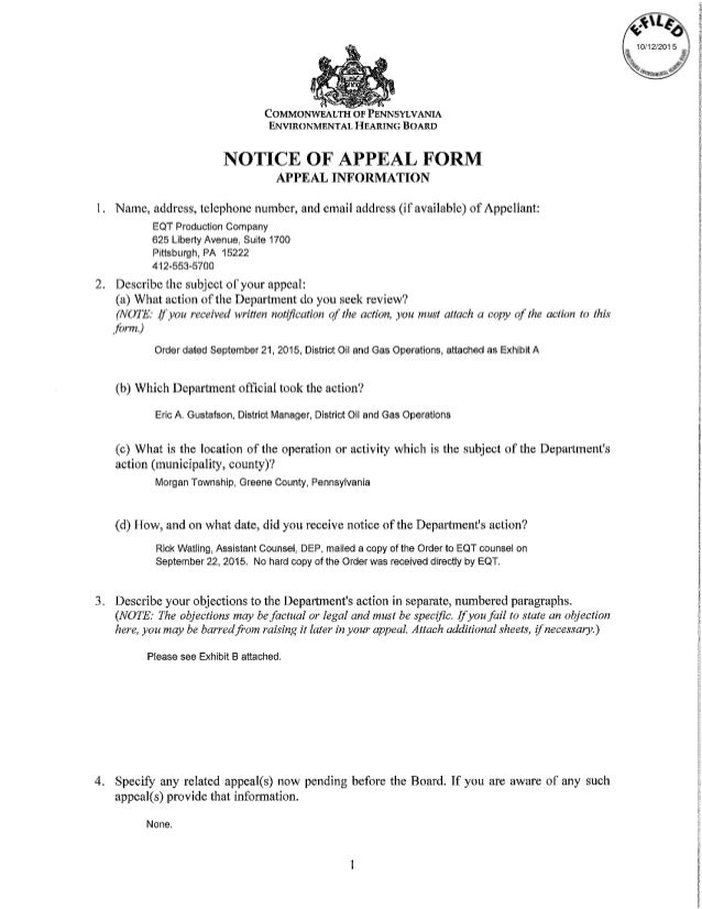 eqt notice of appeal contesting dep order finding greene county spill address for telephone number