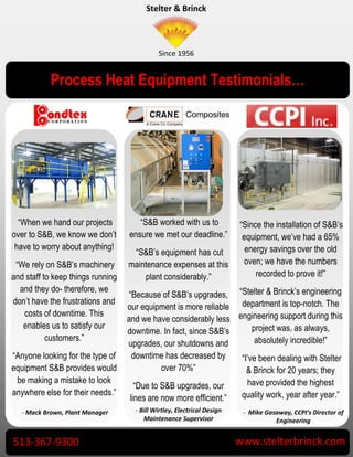 Stelter & Brinck



                                             Since 1956


            Process Heat Equipment Testimonials…




  “When we hand our projects          “S&B worked with us to             “Since the installation of S&B’s
over to S&B, we know we don’t      ensure we met our deadline.”           equipment, we’ve had a 65%
 have to worry about anything!                                             energy savings over the old
                                    “S&B’s equipment has cut
 “We rely on S&B’s machinery       maintenance expenses at this           oven; we have the numbers
and staff to keep things running       plant considerably.”                   recorded to prove it!”
  and they do- therefore, we
                                    “Because of S&B’s upgrades, “Stelter & Brinck’s engineering
don’t have the frustrations and
                                   our equipment is more reliable department is top-notch. The
   costs of downtime. This
                                   and we have considerably less engineering support during this
   enables us to satisfy our                                           project was, as always,
                                   downtime. In fact, since S&B’s
           customers.”                                                  absolutely incredible!”
                                   upgrades, our shutdowns and
“Anyone looking for the type of      downtime has decreased by     “I’ve been dealing with Stelter
equipment S&B provides would                  over 70%”              & Brinck for 20 years; they
 be making a mistake to look                                         have provided the highest
                                      “Due to S&B upgrades, our
anywhere else for their needs.”                                    quality work, year after year.”
                                    lines are now more efficient.”
   - Mack Brown, Plant Manager       - Bill Wirtley, Electrical Design    - Mike Gasaway, CCPI’s Director of
                                        Maintenance Supervisor                      Engineering


513-367-9300                                                             www.stelterbrinck.com
 