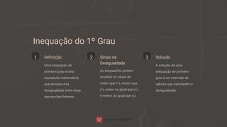 Inequação do 1º Grau
1 Deﬁnição
Uma inequação de
primeiro grau é uma
expressão matemática
que envolve uma
desigualdade entre duas
expressões lineares.
2 Sinais de
Desigualdade
As inequações podem
envolver os sinais de
maior que (>), menor que
(<), maior ou igual que (≥)
e menor ou igual que (≤).
3 Solução
A solução de uma
inequação de primeiro
grau é um intervalo de
valores que satisfazem a
desigualdade.
 