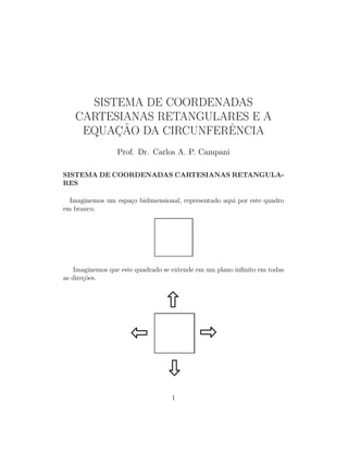 SISTEMA DE COORDENADAS
CARTESIANAS RETANGULARES E A
EQUAC¸ ˜AO DA CIRCUNFERˆENCIA
Prof. Dr. Carlos A. P. Campani
SISTEMA DE COORDENADAS CARTESIANAS RETANGULA-
RES
Imaginemos um espa¸co bidimensional, representado aqui por este quadro
em branco.
Imaginemos que este quadrado se extende em um plano inﬁnito em todas
as dire¸c˜oes.
1
 