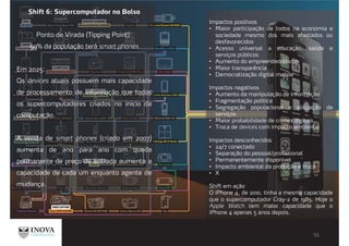 Shift 6: Supercomputador no Bolso
Ponto de Virada (Tipping Point):
90% da população terá smart phones
Em 2025:
Os devices atuais possuem mais capacidade
de processamento de informação que todos
os supercomputadores criados no inicio da
computação.
A venda de smart phones (criado em 2007)
aumenta de ano para ano com queda
permanente de preço de entrada aumenta a
capacidade de cada um enquanto agente de
mudança.
Impactos positivos
Maior participação de todos na economia e
sociedade mesmo dos mais afastados ou
desfavorecidos
Acesso universal a educação, saúde e
serviços públicos
Aumento do empreendedorismo
Maior transparência
Democratização digital mobile
Impactos negativos
Aumento da manipulação de informação
Fragmentação política
Segregação populacional e elitização de
serviços
Maior probabilidade de crimes digitais
Troca de devices com impacto ambiental
Impactos desconhecidos
24/7 conectado
Separação do pessoal/profissional
Permanentemente disponível
Impacto ambiental da produção e troca
X
Shift em ação
O iPhone 4, de 2010, tinha a mesma capacidade
que o supercomputador Cray-2 de 1985. Hoje o
Apple Watch tem maior capacidade que o
iPhone 4 apenas 5 anos depois.
 