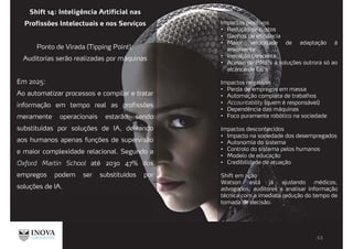 Shift 14: Inteligência Artificial nas
Profissões Intelectuais e nos Serviços
Ponto de Virada (Tipping Point):
Auditorias serão realizadas por máquinas
Em 2025:
Ao automatizar processos e compilar e tratar
informação em tempo real as profissões
meramente operacionais estarão sendo
substituídas por soluções de IA, deixando
aos humanos apenas funções de supervisão
e maior complexidade relacional. Segundo a
Oxford Martin School até 2030 47% dos
empregos podem ser substituídos por
soluções de IA.
Impactos positivos
Redução de custos
Ganhos de eficiência
Maior velocidade de adaptação à
envolvente
Inovação crescente
Acesso de PME’s a soluções outrora só ao
alcance de GE’s
Impactos negativos
Perda de empregos em massa
Automação completa de trabalhos
Accountability (quem é responsável)
Dependência das máquinas
Foco puramente robótico na sociedade
Impactos desconhecidos
Impacto na sociedade dos desempregados
Autonomia do sistema
Controlo do sistema pelos humanos
Modelo de educação
Credibilidade de atuação
Shift em ação
Watson está já ajudando médicos,
advogados, auditores a analisar informação
técnica com a imediata redução do tempo de
tomada de decisão.
 