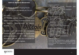 Shift 16: Bitcoin & Blockchain
Ponto de Virada (Tipping Point):
PIB dos países será gerado por bitcoins
Em 2025:
As moedas digitais assumirão relevância
global na economia e mudarão a forma como
os negócios, especialmente os bancos,
atuarão.
Cruzado com blockchain as transações
financeiras serão rastreadas e monitoradas
permanentemente. O PIB mundial
dependerá cada vez mais das transações por
bitcoin e outras moedas digitais.
Impactos positivos
Aumento da inclusão financeira pelo
aumento da conectividade
Desintermediação do setor financeiro
Aumento da segurança
Aumento da transparência
Novos negócios criados
Impactos negativos
Perda de empregos
Redução da importância econômica de
bancos e financeiras
Privacidade inexistente
Sociedade de consumo
Hacking de informação financeira
Impactos desconhecidos
Heranças e fortunas tradicionais
Segurança da informação
Regulamentação financeira
Globalização
Evolução do modelo econômico
Shift em ação
Contratos de financiamento sendo realizados
com maior segurança e acompanhamento das
performances de pagamento e com custos
menores.
 