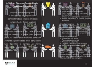 Shift 17: Economia Compartilhada
(do compartilhamento)
Ponto de Virada (Tipping Point):
Cada vez mais viagens em carros
compartilhados e estadias em casas
compartilhadas do que alugadas
Em 2025:
O compartilhamento é algo cada vez mais
comum, deixando a posse para segundo
plano. O crescimento do mundo conectado
aumenta a possibilidade de se compartilhar
tudo (produtos e serviços) de forma
comunitária, conectando individuos e
empresas.
Impactos positivos
Acesso mais prático a todo o tipo de
produtos e serviços
Maior personalização de tudo
Mais soluções sem necessitar de
dinheiro físico
Criação de novos negócios e economias
Menos desperdício e menor impacto
ambiental
Impactos negativos
Perda de empregos
Menos capital para investimentos
Cuidado dos usuários com o que utilizam
Menos consumo – menos produção
Saturação dos mercados compartilhados
Impactos desconhecidos
Propriedade dos ativos
Poupanças e economias
Modelos de subscrição
Caridade e donativos com as sobras
Tempo de carreira nas empresas
Shift em ação
Prédios já estão sendo construídos com
salas, cozinhas, depósitos, etc.
compartilhados deixando a privacidade
apenas para quarto e banheiro. Amazon,
Uber ou AirBnB são exemplos.
 