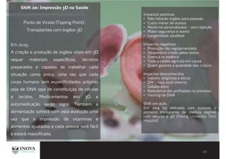 Shift 20: Impressão 3D na Saúde
Ponto de Virada (Tipping Point):
Transplantes com órgãos 3D
Em 2025:
A criação e produção de órgãos vitais em 3D
requer materiais específicos, técnicos
preparados e capazes de trabalhar cada
situação como única, uma vez que cada
corpo humano tem especificidades próprias
seja de DNA seja de constituição de células
e tecidos. Medicamentos em 3D e
automedicação serão regra. Também a
alimentação sofrerá com esta evolução uma
vez que a impressão de vitaminas e
alimentos ajustados a cada pessoa será fácil
e estará massificada.
Impactos positivos
Não faltarão órgãos para pessoas
Custo menor de acesso
Medicina personalizada – zero rejeição
Maior segurança e acerto
Longevidade saudável
Impactos negativos
Produção não regulamentada
Desperdício criado pelos testes
Doença vs estética
Toda a cadeia agrícola em causa
Quem garante a qualidade dos outputs
Impactos desconhecidos
Valores religiosos e éticos
DIY – faça você mesmo
Debate ético
Relevância das profissões no processo
Hacking de DNA
Shift em ação
Em 2014 foi efetuado com sucesso o
primeiro transplante de medula espinal
com recurso a 3D (Peking University Third
Hospital).
 