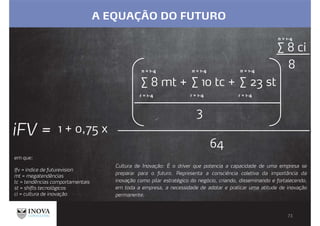 A EQUAÇÃO DO FUTURO
em que:
Ifv = índice de futurevision
mt = megatendências
tc = tendências comportamentais
st = shifts tecnológicos
ci = cultura de inovação
Cultura de Inovação: É o driver que potencia a capacidade de uma empresa se
preparar para o futuro. Representa a consciência coletiva da importância da
inovação como pilar estratégico do negócio, criando, disseminando e fortalecendo,
em toda a empresa, a necessidade de adotar e praticar uma atitude de inovação
permanente.
∑ 8 mt +
n = 1-4
∑ 10 tc +
n = 1-4
∑ 23 st
n = 1-4
3
∑ 8 ci
n = 1-4
8
iFV =
n = 1-4 n = 1-4 n = 1-4
64
r = 1-4 r = 1-4 r = 1-4
1 + 0,75 x
 
