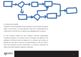 5. Processo de Inovação
Inovação é mais transpiração do que inspiração. Claro que precisa de gerar
ideias, mas elas por si só não significam nada sem a capacidade de as
implementar e transformar em algo de valor agregado para a empresa.
É mais processo coletivo do que individual. Portanto organizações
inovadoras possuem um processo claro de inovação, que gerencia com
agilidade e eficiência todas as etapas de um processo que começa na
geração de uma ideia e termina na implementação ou não da mesma.
Para isso acontecer de forma estruturada, um processo construído por
todos e por todos adotado e seguido é necessário.
 