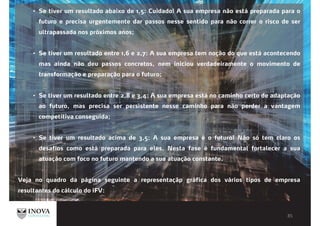 Se tiver um resultado abaixo de 1,5: Cuidado! A sua empresa não está preparada para o
futuro e precisa urgentemente dar passos nesse sentido para não correr o risco de ser
ultrapassada nos próximos anos;
Se tiver um resultado entre 1,6 e 2,7: A sua empresa tem noção do que está acontecendo
mas ainda não deu passos concretos, nem iniciou verdadeiramente o movimento de
transformação e preparação para o futuro;
Se tiver um resultado entre 2,8 e 3,4: A sua empresa está no caminho certo de adaptação
ao futuro, mas precisa ser persistente nesse caminho para não perder a vantagem
competitiva conseguida;
Se tiver um resultado acima de 3,5: A sua empresa é o futuro! Não só tem claro os
desafios como está preparada para eles. Nesta fase é fundamental fortalecer a sua
atuação com foco no futuro mantendo a sua atuação constante.
Veja no quadro da página seguinte a representaçãp gráfica dos vários tipos de empresa
resultantes do cálculo do iFV:
 