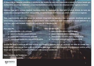 A construção da equação considerou a relevância das tendências que mais impactarão o mundo no futuro (sendo que
muitas delas são já hoje realidade) e a sua interdependência para o sucesso das empresas e dos negócios no futuro.
Sabemos hoje que o sucesso depende inevitavelmente da capacidade de olhar para o futuro, através da lente das
tendências, e conseguir identificar, nos cenários, as oportunidades e ameaças que podem influenciar os negócios.
Veja, seguidamente, para cada grupo de variáveis integrantes da equação a sua composição detalhada para que
possa avaliar a sua relevância e peso no negócio (nota), com o objetivo de poder classificá-la na escala definida de 1 a
4 em que, para cada variável, classificada com nota (N) e relevância (R):
Para nota (N):
1 – desconhecido e não utilizado
2 – pouco conhecido e pouco utilizado
3 – conhecido e relativamente utilizado
4 – totalmente conhecido e em utilização plena
Quando for feita a avaliação de cada variável que integra a equação deve ser atribuído um valor de acordo com a
escala acima, para que no final o cálculo nos possa dizer qual o índice de preparação da empresa em análise para o
futuro que se aproxima. E a análise é feita por cada variável considerada.
Veja a definição de Tendências:
Para relevância (R):
1 – nada relevante para o negócio atual
2 – pouco relevante para o negócio atual
3 – mediamente relevante para o negócio atual
4 – altamente relevante para o negócio atual
 