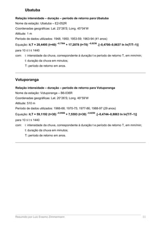 Ubatuba
Relação intensidade – duração – período de retorno para Ubatuba
Nome da estação: Ubatuba – E2-052R
Coordenadas geográficas: Lat. 23°26’S; Long. 45°04’W
Altitude: 1 m
Período de dados utilizados: 1948; 1950; 1953-59; 1963-94 (41 anos)
Equação: it,T = 28,4495 (t+40)
–0,7564
+ 17,2878 (t+70)
–0,8236
.[–0,4700–0,8637 ln ln(T/T–1)]
para 10 ≤ t ≤ 1440
com: i: intensidade da chuva, correspondente à duração t e período de retorno T, em mm/min;
t: duração da chuva em minutos;
T: período de retorno em anos.
Votuporanga
Relação intensidade – duração – período de retorno para Votuporanga
Nome da estação: Votuporanga – B6-036R
Coordenadas geográficas: Lat. 20°26’S; Long. 49°59’W
Altitude: 510 m
Período de dados utilizados: 1966-68; 1970-75; 1977-86; 1988-97 (29 anos)
Equação: it,T = 59,1192 (t+30)
–0,9566
+ 7,5593 (t+30)
–0,8250
.[–0,4744–0,8863 ln ln(T/T–1)]
para 10 ≤ t ≤ 1440
com: i: intensidade da chuva, correspondente à duração t e período de retorno T, em mm/min;
t: duração da chuva em minutos;
T: período de retorno em anos.
Resumido por Luiz Erasmo Zimmermann 11
 