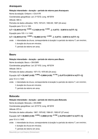 Araraquara
Relação intensidade – duração – período de retorno para Araraquara
Nome da estação: Chibarro – C5-017R
Coordenadas geográficas: Lat. 21°53’S; Long. 48°09’W
Altitude: 580 m
Períodos de dados utilizados: 1970; 1973-91; 1993-95; 1997 (24 anos)
Equação para 10 ≤ t ≤ 105:
it,T = 32,4618 (t+15)
–0,8684
+ 2,1429 (t+15)
–0,5482
. [– 0,4772 – 0,9010 ln ln(T/T–1)]
Equação para 105 < t ≤ 1440:
it,T = 32,4618 (t+15)
–-0,8684
+ 18,4683 (t+15)
–-0,9984
. [– 0,4772 – 0,9010 ln ln(T/T–1)]
onde: i: intensidade da chuva, correspondente à duração t e período de retorno T, em mm/min;
t: duração da chuva em minutos;
T: período de retorno em anos.
Bauru
Relação intensidade – duração – período de retorno para Bauru
Nome da estação: Bauru – D6-036R
Coordenadas geográficas: Lat. 22°19’S; Long. 49°02’W
Altitude: 540 m
Períodos de dados utilizados: 1971-73; 1975-95 (24 anos)
Equação: it,T = 35,4487 (t+20)
–0,8894
+ 5,9664 (t+20)
–0,7749
. [–0,4772–0,9010 ln ln(T/T–1)]
para 10 ≤ t ≤ 1440
onde: i: intensidade da chuva, correspondente à duração t e período de retorno T, em mm/min;
t: duração da chuva em minutos;
T: período de retorno em anos.
Botucatu
Relação intensidade – duração – período de retorno para Botucatu
Nome da estação: Botucatu – D5-059M
Coordenadas geográficas: Lat. 22°57’S; Long. 48°26’W
Altitude: 873 m
Períodos de dados utilizados: 1967; 1970-82; 1984-91; 1993-97 (27 anos)
Equação: it,T = 30,6853 (t+20)
–0,8563
+ 3,9660 (t+10)
–0,7566
. [–0,4754–0,8917 ln ln(T/T–1)]
para 10 ≤ t ≤ 1440
onde: i: intensidade da chuva, correspondente à duração t e período de retorno T, em mm/min;
t: duração da chuva em minutos;
T: período de retorno em anos.
Resumido por Luiz Erasmo Zimmermann 2
 