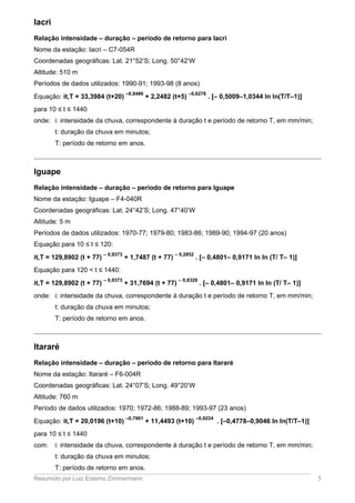 Iacri
Relação intensidade – duração – período de retorno para Iacri
Nome da estação: Iacri – C7-054R
Coordenadas geográficas: Lat. 21°52’S; Long. 50°42’W
Altitude: 510 m
Períodos de dados utilizados: 1990-91; 1993-98 (8 anos)
Equação: it,T = 33,3984 (t+20)
–0,8486
+ 2,2482 (t+5)
–0,6276
. [– 0,5009–1,0344 ln ln(T/T–1)]
para 10 ≤ t ≤ 1440
onde: i: intensidade da chuva, correspondente à duração t e período de retorno T, em mm/min;
t: duração da chuva em minutos;
T: período de retorno em anos.
Iguape
Relação intensidade – duração – período de retorno para Iguape
Nome da estação: Iguape – F4-040R
Coordenadas geográficas: Lat. 24°42’S; Long. 47°40’W
Altitude: 5 m
Períodos de dados utilizados: 1970-77; 1979-80; 1983-86; 1989-90; 1994-97 (20 anos)
Equação para 10 ≤ t ≤ 120:
it,T = 129,8902 (t + 77)
– 0,9373
+ 1,7487 (t + 77)
– 0,2852
. [– 0,4801– 0,9171 ln ln (T/ T– 1)]
Equação para 120 < t ≤ 1440:
it,T = 129,8902 (t + 77)
– 0,9373
+ 31,7694 (t + 77)
– 0,8328
. [– 0,4801– 0,9171 ln ln (T/ T– 1)]
onde: i: intensidade da chuva, correspondente à duração t e período de retorno T, em mm/min;
t: duração da chuva em minutos;
T: período de retorno em anos.
Itararé
Relação intensidade – duração – período de retorno para Itararé
Nome da estação: Itararé – F6-004R
Coordenadas geográficas: Lat. 24°07’S; Long. 49°20’W
Altitude: 760 m
Período de dados utilizados: 1970; 1972-86; 1988-89; 1993-97 (23 anos)
Equação: it,T = 20,0196 (t+10)
–0,7961
+ 11,4493 (t+10)
–0,9224
. [–0,4778–0,9046 ln ln(T/T–1)]
para 10 ≤ t ≤ 1440
com: i: intensidade da chuva, correspondente à duração t e período de retorno T, em mm/min;
t: duração da chuva em minutos;
T: período de retorno em anos.
Resumido por Luiz Erasmo Zimmermann 5
 