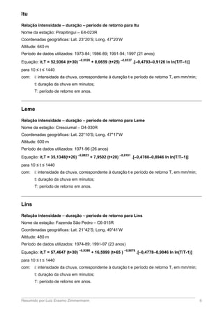 Itu
Relação intensidade – duração – período de retorno para Itu
Nome da estação: Pirapitingui – E4-023R
Coordenadas geográficas: Lat. 23°20’S; Long. 47°20’W
Altitude: 640 m
Período de dados utilizados: 1973-84; 1986-89; 1991-94; 1997 (21 anos)
Equação: it,T = 52,9364 (t+30)
–0,9526
+ 8,0659 (t+25)
–0,8537
.[–0,4793–0,9126 ln ln(T/T–1)]
para 10 ≤ t ≤ 1440
com: i: intensidade da chuva, correspondente à duração t e período de retorno T, em mm/min;
t: duração da chuva em minutos;
T: período de retorno em anos.
Leme
Relação intensidade – duração – período de retorno para Leme
Nome da estação: Cresciumal – D4-030R
Coordenadas geográficas: Lat. 22°10’S; Long. 47°17’W
Altitude: 600 m
Período de dados utilizados: 1971-96 (26 anos)
Equação: it,T = 35,1348(t+20)
–0,8823
+ 7,9502 (t+20)
–0,8101
.[–0,4760–0,8946 ln ln(T/T–1)]
para 10 ≤ t ≤ 1440
com: i: intensidade da chuva, correspondente à duração t e período de retorno T, em mm/min;
t: duração da chuva em minutos;
T: período de retorno em anos.
Lins
Relação intensidade – duração – período de retorno para Lins
Nome da estação: Fazenda São Pedro – C6-015R
Coordenadas geográficas: Lat. 21°42’S; Long. 49°41’W
Altitude: 480 m
Período de dados utilizados: 1974-89; 1991-97 (23 anos)
Equação: it,T = 57,4647 (t+30)
–0,9386
+ 16,5999 (t+65 )
–0,9078
.[–0,4778–0,9046 ln ln(T/T-1)]
para 10 ≤ t ≤ 1440
com: i: intensidade da chuva, correspondente à duração t e período de retorno T, em mm/min;
t: duração da chuva em minutos;
T: período de retorno em anos.
Resumido por Luiz Erasmo Zimmermann 6
 