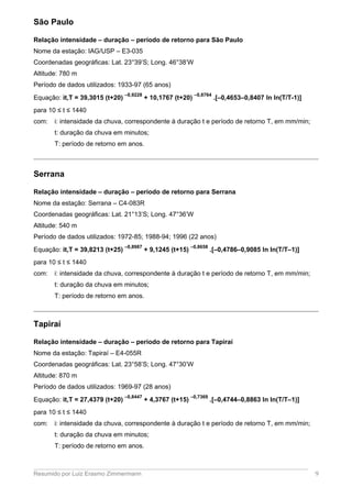 São Paulo
Relação intensidade – duração – período de retorno para São Paulo
Nome da estação: IAG/USP – E3-035
Coordenadas geográficas: Lat. 23°39’S; Long. 46°38’W
Altitude: 780 m
Período de dados utilizados: 1933-97 (65 anos)
Equação: it,T = 39,3015 (t+20)
–0,9228
+ 10,1767 (t+20)
–0,8764
.[–0,4653–0,8407 ln ln(T/T-1)]
para 10 ≤ t ≤ 1440
com: i: intensidade da chuva, correspondente à duração t e período de retorno T, em mm/min;
t: duração da chuva em minutos;
T: período de retorno em anos.
Serrana
Relação intensidade – duração – período de retorno para Serrana
Nome da estação: Serrana – C4-083R
Coordenadas geográficas: Lat. 21°13’S; Long. 47°36’W
Altitude: 540 m
Período de dados utilizados: 1972-85; 1988-94; 1996 (22 anos)
Equação: it,T = 39,8213 (t+25)
–0,8987
+ 9,1245 (t+15)
–0,8658
.[–0,4786–0,9085 ln ln(T/T–1)]
para 10 ≤ t ≤ 1440
com: i: intensidade da chuva, correspondente à duração t e período de retorno T, em mm/min;
t: duração da chuva em minutos;
T: período de retorno em anos.
Tapiraí
Relação intensidade – duração – período de retorno para Tapiraí
Nome da estação: Tapiraí – E4-055R
Coordenadas geográficas: Lat. 23°58’S; Long. 47°30’W
Altitude: 870 m
Período de dados utilizados: 1969-97 (28 anos)
Equação: it,T = 27,4379 (t+20)
–0,8447
+ 4,3767 (t+15)
–0,7369
.[–0,4744–0,8863 ln ln(T/T–1)]
para 10 ≤ t ≤ 1440
com: i: intensidade da chuva, correspondente à duração t e período de retorno T, em mm/min;
t: duração da chuva em minutos;
T: período de retorno em anos.
Resumido por Luiz Erasmo Zimmermann 9
 