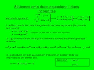 Sistemes amb dues equacions i dues incògnites Mètode de Igualació  1.- Aïllem una de les dues incògnites de les dues equacions (la que més fàcil resulti) 2.- Igualem els valors obtinguts i resolem l’equació de primer grau que obtenim. 3.- Substituïm el valor que acabem d’obtenir en qualsevol de les expressions del primer pas. SOLUCIÓ En aquest cas, hem aïllat la x de les dues equacions. 