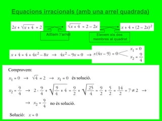 Equacions irracionals (amb una arrel quadrada) Aïllem l’arrel Elevem els dos  membres al quadrat Comprovem: és solució. no és solució. Solució: 