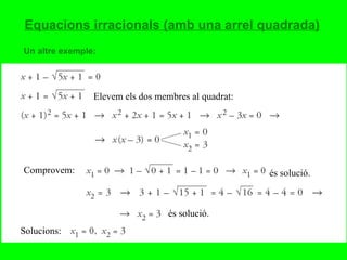 Equacions irracionals (amb una arrel quadrada) Un altre exemple: Elevem els dos membres al quadrat: Comprovem: és solució. és solució. Solucions: 