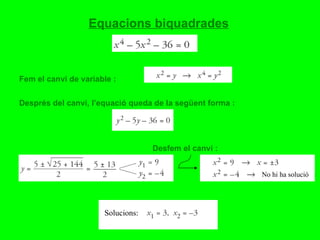 Equacions biquadrades Fem el canvi de variable : Després del canvi, l’equació queda de la següent forma : Desfem el canvi : No hi ha solució Solucions: 