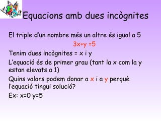 Equacions amb dues incògnites

El triple d’un nombre més un altre és igual a 5
                        3x+y =5
Tenim dues incògnites = x i y
L’equació és de primer grau (tant la x com la y
estan elevats a 1)
Quins valors podem donar a x i a y perquè
l’equació tingui solució?
Ex: x=0 y=5
 