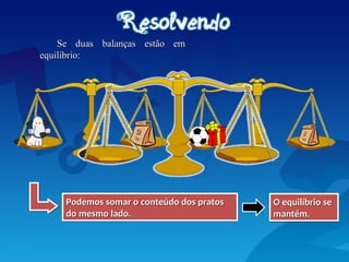 Se duas balanças estão em
Se duas balanças estão em
equilíbrio:
equilíbrio:
Podemos somar o conteúdo dos pratos
Podemos somar o conteúdo dos pratos
do mesmo lado.
do mesmo lado.
O equilíbrio se
O equilíbrio se
mantém.
mantém.
 
