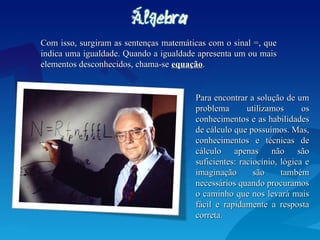 Com isso, surgiram as sentenças matemáticas com o sinal =, que
Com isso, surgiram as sentenças matemáticas com o sinal =, que
indica uma igualdade. Quando a igualdade apresenta um ou mais
indica uma igualdade. Quando a igualdade apresenta um ou mais
elementos desconhecidos, chama-se
elementos desconhecidos, chama-se equação
equação.
.
Para encontrar a solução de um
Para encontrar a solução de um
problema utilizamos os
problema utilizamos os
conhecimentos e as habilidades
conhecimentos e as habilidades
de cálculo que possuímos. Mas,
de cálculo que possuímos. Mas,
conhecimentos e técnicas de
conhecimentos e técnicas de
cálculo apenas não são
cálculo apenas não são
suficientes: raciocínio, lógica e
suficientes: raciocínio, lógica e
imaginação são também
imaginação são também
necessários quando procuramos
necessários quando procuramos
o caminho que nos levará mais
o caminho que nos levará mais
fácil e rapidamente a resposta
fácil e rapidamente a resposta
correta.
correta.
 