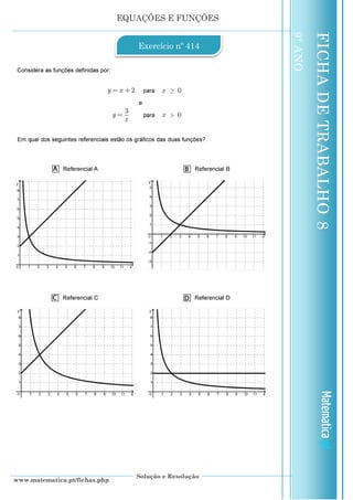 EQUAÇÕES E FUNÇÕES
Solução e Resolução
www.matematica.pt/fichas.php
FICHADETRABALHO8
9ºANO
Exercício nº 414
 