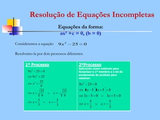 Resolução de Equações Incompletas
Equações da forma:
ax² +c = 0, (b = 0)
Consideremos a equação
Resolvemo-la por dois processos diferentes:
0259 2
x
1º Processo 2ºProcesso
Aplicando casos notáveis para
factorizar o 1º membro e a lei do
anulamento do produto para
resolver:
3
5
3
5
9
25
9
25
9
25
259
0259
2
2
2
xx
xx
x
x
x
3
5
3
5
053053
05353
0259 2
xx
xx
xx
x
 