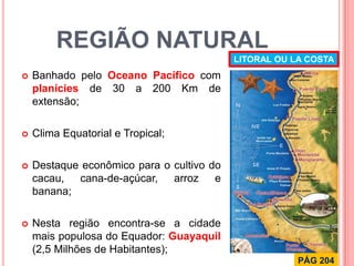 REGIÃO NATURAL 
Banhado pelo Oceano Pacífico com planícies de 30 a 200 Km de extensão; 
Clima Equatorial e Tropical; 
Destaque econômico para o cultivo do cacau, cana-de-açúcar, arroz e banana; 
Nesta região encontra-se a cidade mais populosa do Equador: Guayaquil (2,5 Milhões de Habitantes); 
LITORAL OU LA COSTA 
PÁG 204  