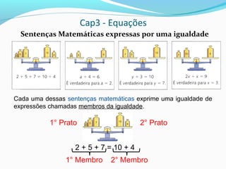 Cap3 - Equações
Sentenças Matemáticas expressas por uma igualdade
Cada uma dessas sentenças matemáticas exprime uma igualdade de
expressões chamadas membros da igualdade.
2 + 5 + 7 = 10 + 4
1° Membro 2° Membro
1° Prato 2° Prato
 