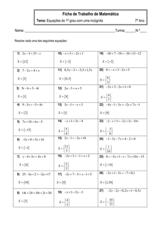 Ficha de Trabalho de Matemática
                 Tema: Equações do 1º grau com uma incógnita                                 7º Ano

Nome: ____________________________________________________Turma:______N.º____

Resolve cada uma das seguintes equações:


 1) 2 x  3  33  x            10)  x  3  2 x  1        19) 5b  7 10  3b  13 12

  S  12                        S  2                      S  2

 2) 7  2 x  4  x             11) 0,5x  3  3,5  1,5x    20) 0   x  3  2 x  5

  S  1                        S  0,5                        8 
                                                              S  
                                                                  3
 3) 5t  6  3  4t             12) 2a  3  a  5            21) 5x  3  2 x  1  0

  S  1                        S  8                          4
                                                               S  
                                                                  7 
 4) 9  3x  5  4 x           13) 3x 1   x  3           22) 4 x 1  3x  2x  7 x 1

  S  2                        S  1                      S  0

 5) 7 x  10  6 x  5          14)  x  1  3x  4          23) 2  x  5  2 x  3x 10x

  S  15                         5
                                S  
                                                                   3
                                                              S   
                                    4                            8
 6) 3x  8  5x  16           15) 2 x 1  3x  10         24) 1  3x  7 x  4  2  0

  S  1                          11                         1
                                S                          S  
                                    5                          10 
 7) x  4  5x  4x  8         16) 2 x  3  1  x  2     25) 0  3x  1  x  7 x  10 x 15

   S  6                          2
                                 S                         S  14
                                    3
 8) 25  3a  2  2a  17      17) 2 x  7  3  x 1  5   26) 2 x  1  3x  7  0,1

  S  10                     S  0                        S  1,58

                                18)  x  1  2 x  3         27)   2 x  2 x  0, 2 x  1  0,5x
 9) 14t  24  10t  2t  30

  S  3                           4                            10 
                                 S                         S   
                                    3                            37 
 