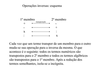 Operações inversas: esquema 1º membro  2º membro +  - -  + x  : :  x transposição Cada vez que um termo transpor de um membro para o outro muda-se sua operação para a inversa da mesma. O que acontece é o seguinte: todos os termos numéricos são transpostos para o 2º membro e todos os termos algébricos são transpostos para o 1º membro. Após a redução dos termos semelhantes, isola-se a incógnita. 