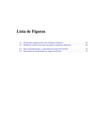 Lista de Figuras
3.1 Decaimento exponencial de uma substˆancia radioativa. . . . . . . . . . . . . . . 19
3.2 Fam´ılia de c´ırculos com centro na origem e trajet´orias ortogonais. . . . . . . . . 20
8.1 Fluxo de medicamento, f, para dentro do sangue do paciente. . . . . . . . . . . . 74
8.2 Decaimento do medicamento no sangue do paciente. . . . . . . . . . . . . . . . 75
 