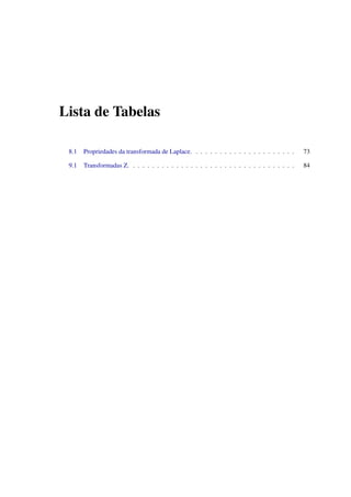 Lista de Tabelas
8.1 Propriedades da transformada de Laplace. . . . . . . . . . . . . . . . . . . . . . 73
9.1 Transformadas Z. . . . . . . . . . . . . . . . . . . . . . . . . . . . . . . . . . . 84
 