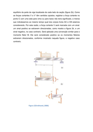 equilíbrio da parte da viga localizada de cada lado da seção (figura 2b). Como
as forças cortantes V e V’ têm sentidos opostos, registrar a força cortante no
ponto C com uma seta para cima ou para baixo não teria significado, a menos
que indicássemos ao mesmo tempo qual dos corpos livres AC e CB estamos
considerando. Por esta razão, a força cortante V será marcada com um sinal:
um sinal positivo se estiverem direcionadas, como mostra a figura 2b, e um
sinal negativo, no caso contrario. Será aplicada uma convenção similar para o
momento fletor M. Ele será considerado positivo se os momentos fletores
estiverem direcionados, conforme mostrado naquela figura, e negativo caso
contrario.




                  Figura 2(Ferdinand, 2006)
 