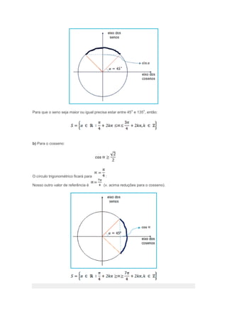 Para que o seno seja maior ou igual precisa estar entre 45
o
e 135
o
, então:
b) Para o cosseno:
O círculo trigonométrico ficará para :
Nosso outro valor de referência é (v. acima reduções para o cosseno).
 