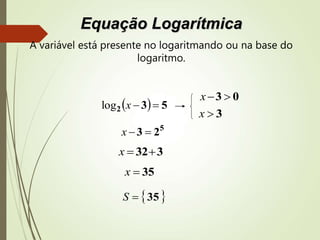   532 xlog
5
23 x
332x
35x
03 x
3x
 35S
Equação Logarítmica
A variável está presente no logaritmando ou na base do
logaritmo.
 