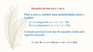 Para o arco y, existem duas possibilidades para x
a saber:
a) x é congruente a y → x = y + 2kπ
b) x é congruente a -y → x = -y + 2kπ
A solução geral para este tipo de equações é dada pela
seguinte expresão:
Equações do tipo cos x = cos y
 