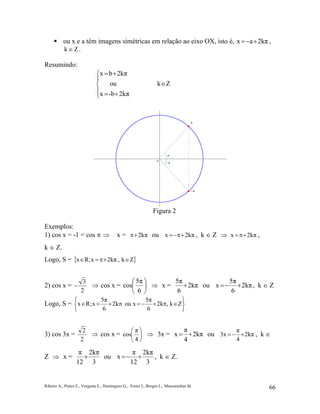 Ribeiro A., Prates E., Vergasta E., Dominguez G., Freire I., Borges L., Mascarenhas M. 66
ou x e a têm imagens simétricas em relação ao eixo OX, isto é, 2kπax +−= ,
Zk ∈ .
Resumindo:





+=
∈
+=
2kπ-bx
Zkou
2kπbx
Figura 2
Exemplos:
1) cos x = -1 = cos π ⇒ x = 2kπ+π ou 2kπx +π−= , k ∈ Z ⇒ 2kπx +π= ,
k ∈ Z.
Logo, S = { }Zk,2kπxR;x ∈+π=∈
2) cos x =
2
3
− ⇒ cos x = 





6
5π
cos ⇒ x = 2kπ
6
5π
+ ou 2kπ
6
5π
x +−= , k ∈ Z
Logo, S =






∈π+−=π+=∈ Zk,k2
6
5π
ou xk2
6
5π
xR;x
3) cos 3x =
2
2
⇒ cos x = 





4
π
cos ⇒ 3x = 2kπ
4
π
x += ou 2kπ
4
π
3x +−= , k ∈
Z ⇒ x =
3
2kπ
12
π
+ ou
3
2kπ
12
π
x +−= , k ∈ Z.
 