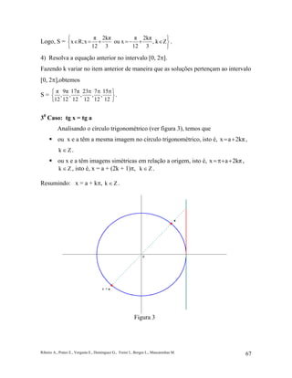 Ribeiro A., Prates E., Vergasta E., Dominguez G., Freire I., Borges L., Mascarenhas M. 67
Logo, S =






∈+−=+=∈ Zk,
3
2kπ
12
π
ou x
3
2kπ
12
π
xR;x .
4) Resolva a equação anterior no intervalo [0, 2π].
Fazendo k variar no item anterior de maneira que as soluções pertençam ao intervalo
[0, 2π],obtemos
S =





 πππ
12
15
,
12
7
,
12
23
,
12
17π
,
12
9π
,
12
π
.
30
Caso: tg x = tg a
Analisando o círculo trigonométrico (ver figura 3), temos que
ou x e a têm a mesma imagem no círculo trigonométrico, isto é, 2kπax += ,
Zk ∈ .
ou x e a têm imagens simétricas em relação a origem, isto é, 2kπax ++π= ,
Zk ∈ , isto é, x = a + (2k + 1)π, Zk ∈ .
Resumindo: x = a + kπ, Zk ∈ .
Figura 3
 