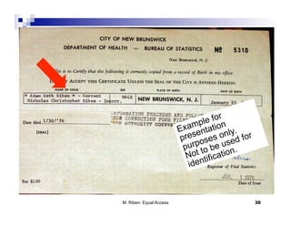 r
                                  l e fo n
                            amp tatio
                         Ex en              .
                              s
                          pre oses      only for
                                             d
                           p urp be use.
                              ot to fication
                            N ti
                             iden



M. Riben: Equal Access                             30
 