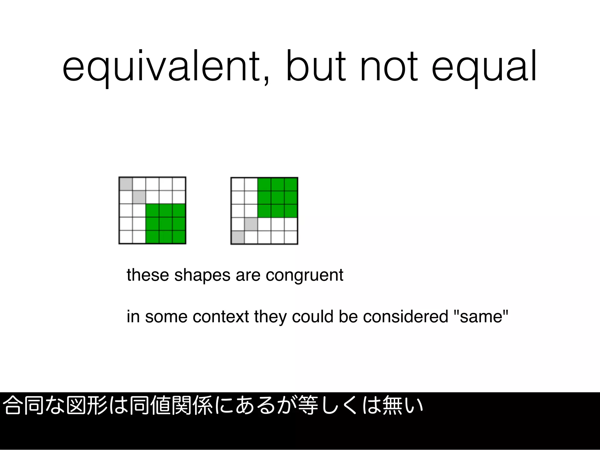 equivalent, but not equal
合同な図形は同値関係にあるが等しくは無い
these shapes are congruent
in some context they could be considered "same"
 